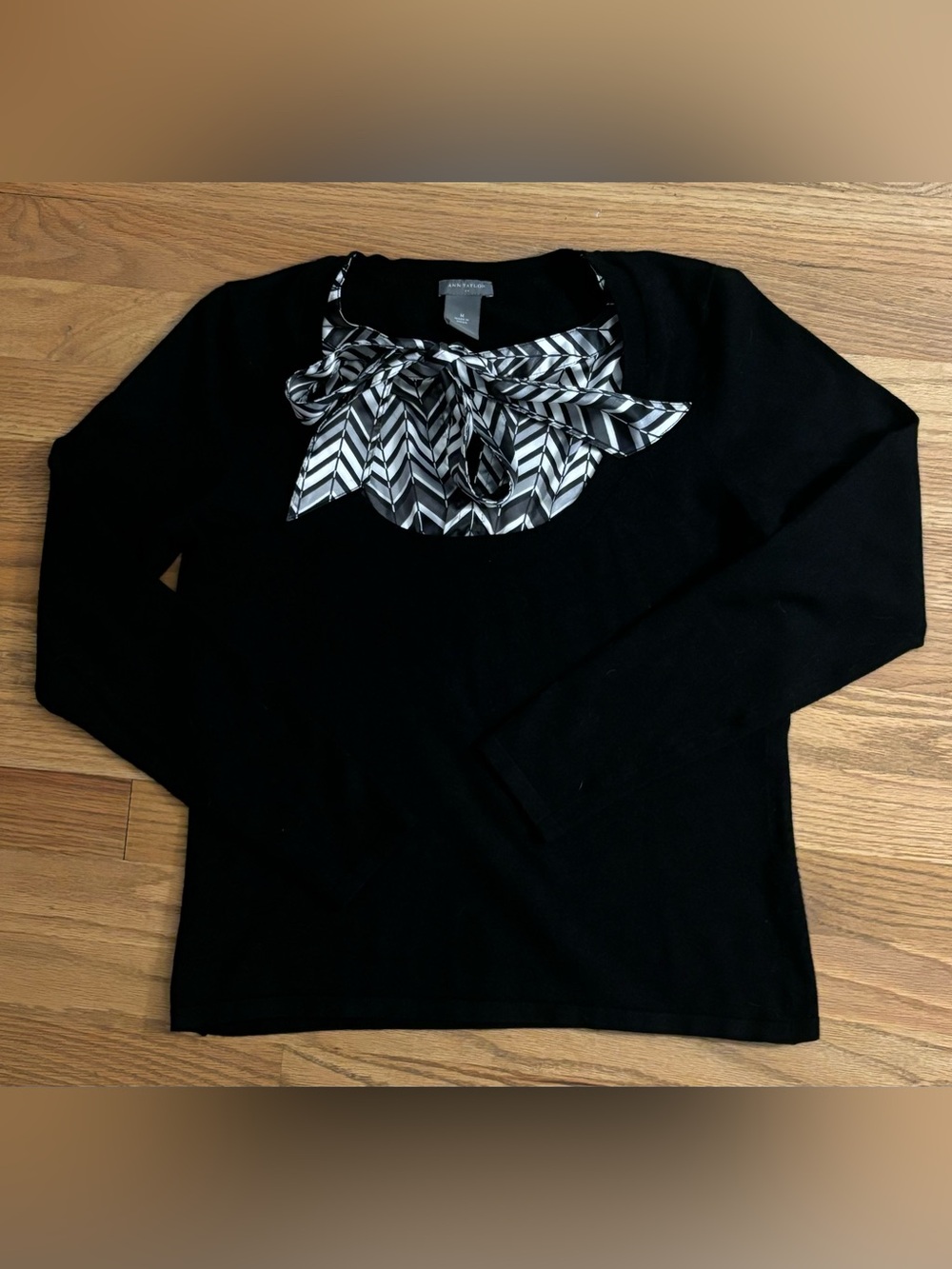Ann Taylor Black Sweater with Black & White Chevron Bow